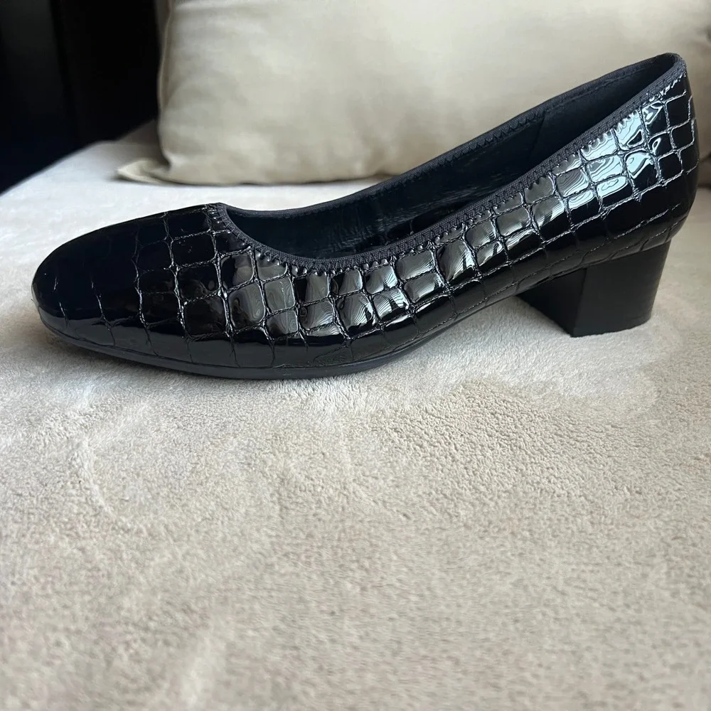Rieker Antistress Women 7-7.5 EU 38 Black Croc Patent Leather Block Heel Pumps‎